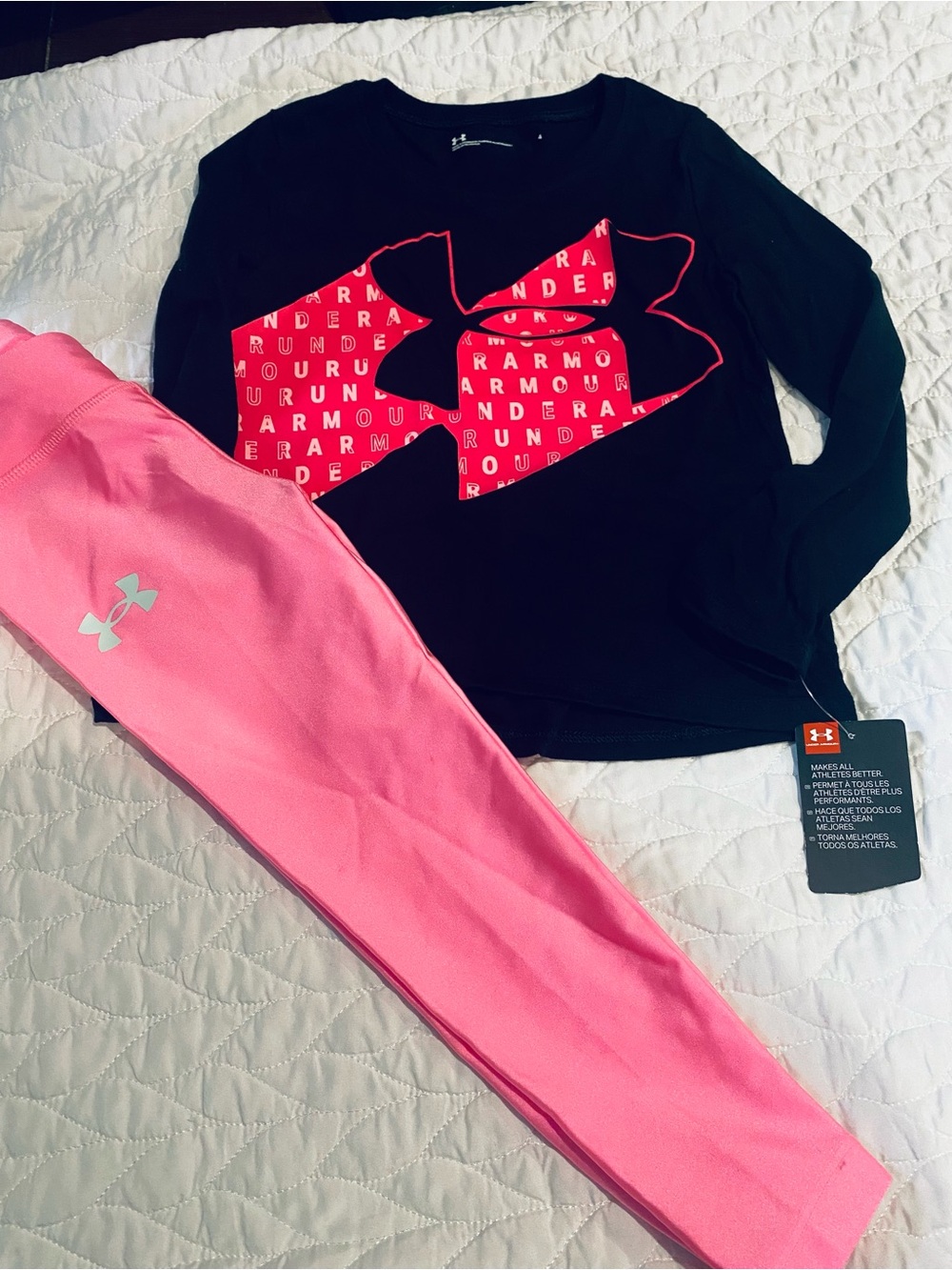 Under Armour Girls Black Long Sleeve Top & Pink Leggings Matching Set
